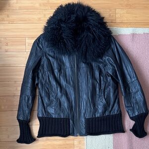 Danier Black Leather Jacket with Plush Shearling Collar